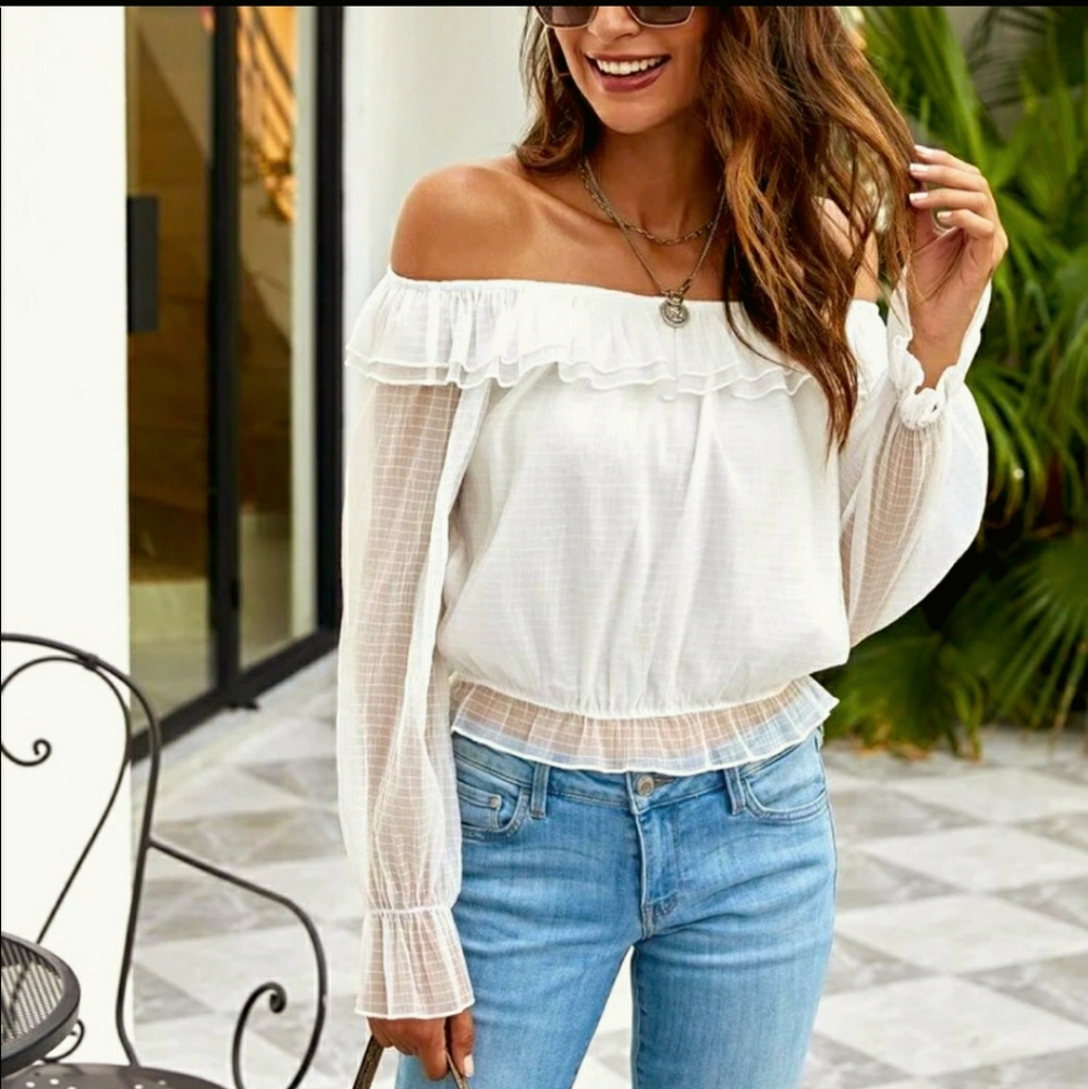 Shoulder top sheer ruffle sleeve natural waist